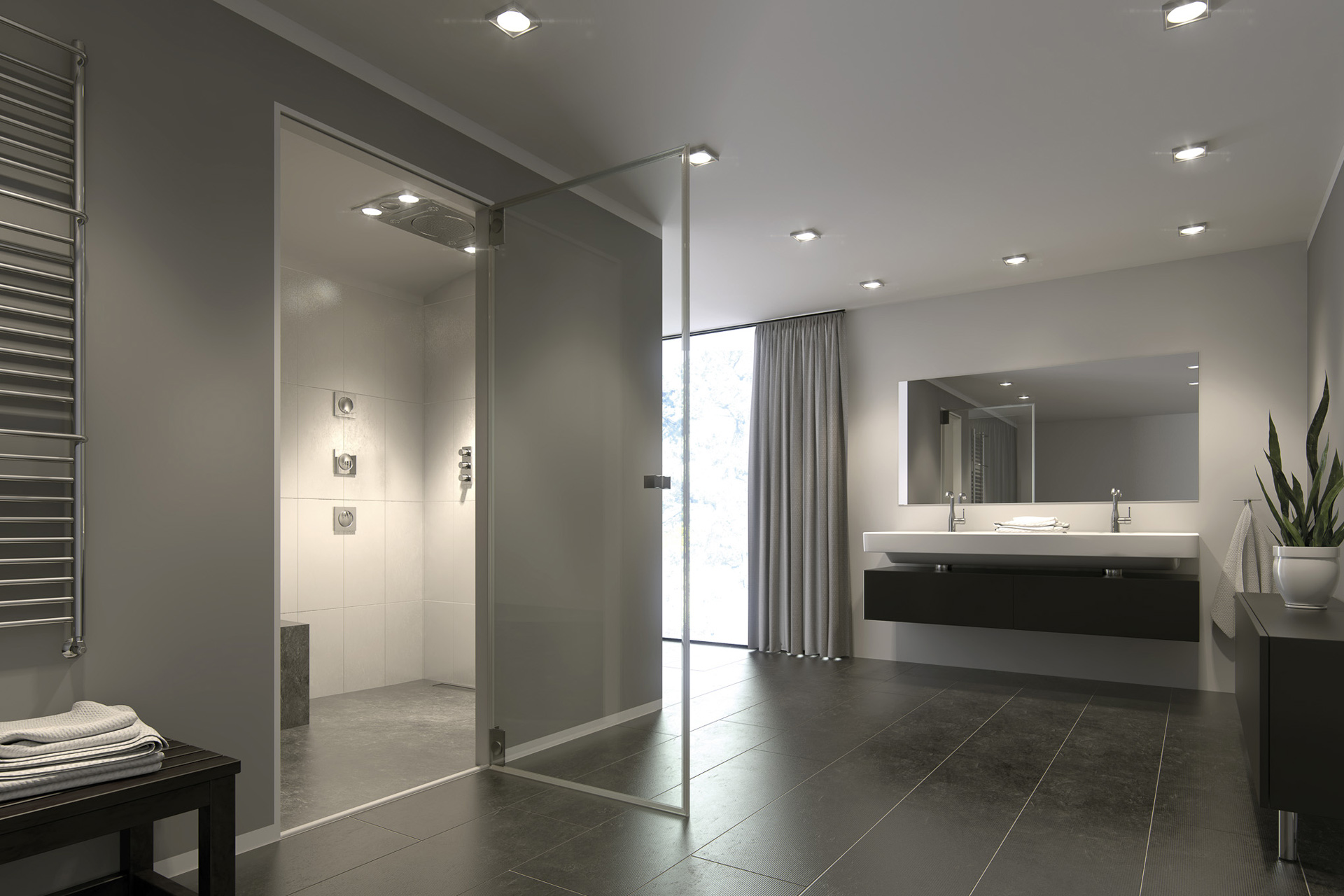 Dampfkabine im Badezimmer beleuchtet. Waschplatz mit aufsatzwaschhalen.