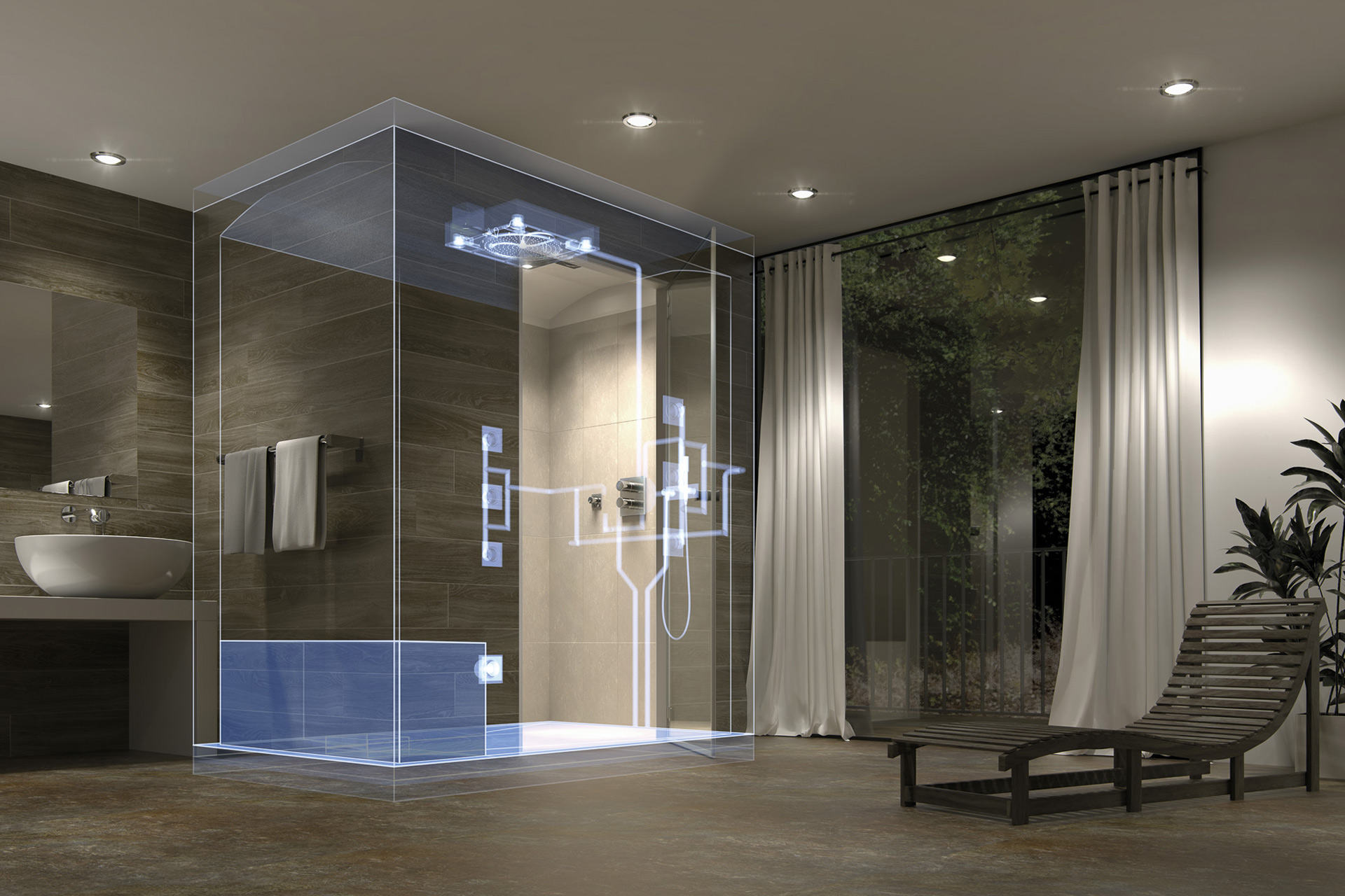 Eingezeichnete Module zum sitzen in Dampfdusche, die im Badezimmer steht.